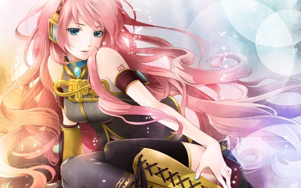 HD PC desktop wallpaper featuring Luka Megurine in a vibrant comic-style illustration with flowing pink hair and detailed costume elements.