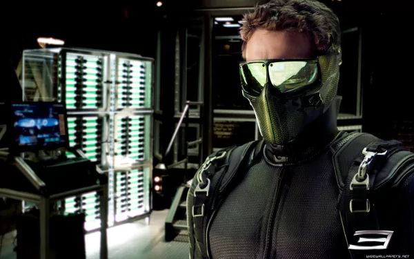 HD PC desktop wallpaper of James Franco as Harry Osborn in his Green Goblin suit from the movie Spider-Man 3, featuring a dark, high-tech background.