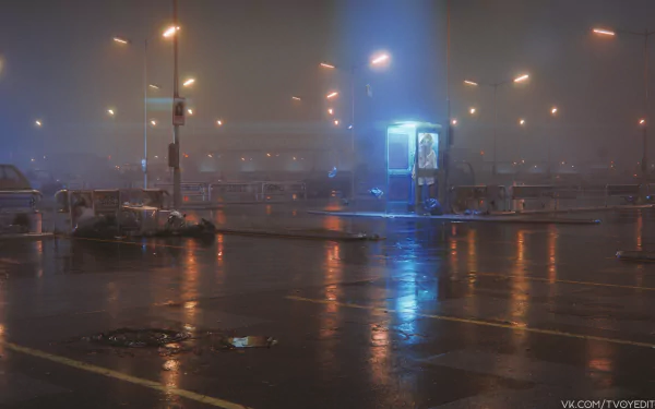 HD anime wallpaper featuring an empty, rain-soaked urban setting with a lone figure in a blue-lit telephone booth, tagged as alone, Anime, and Original.