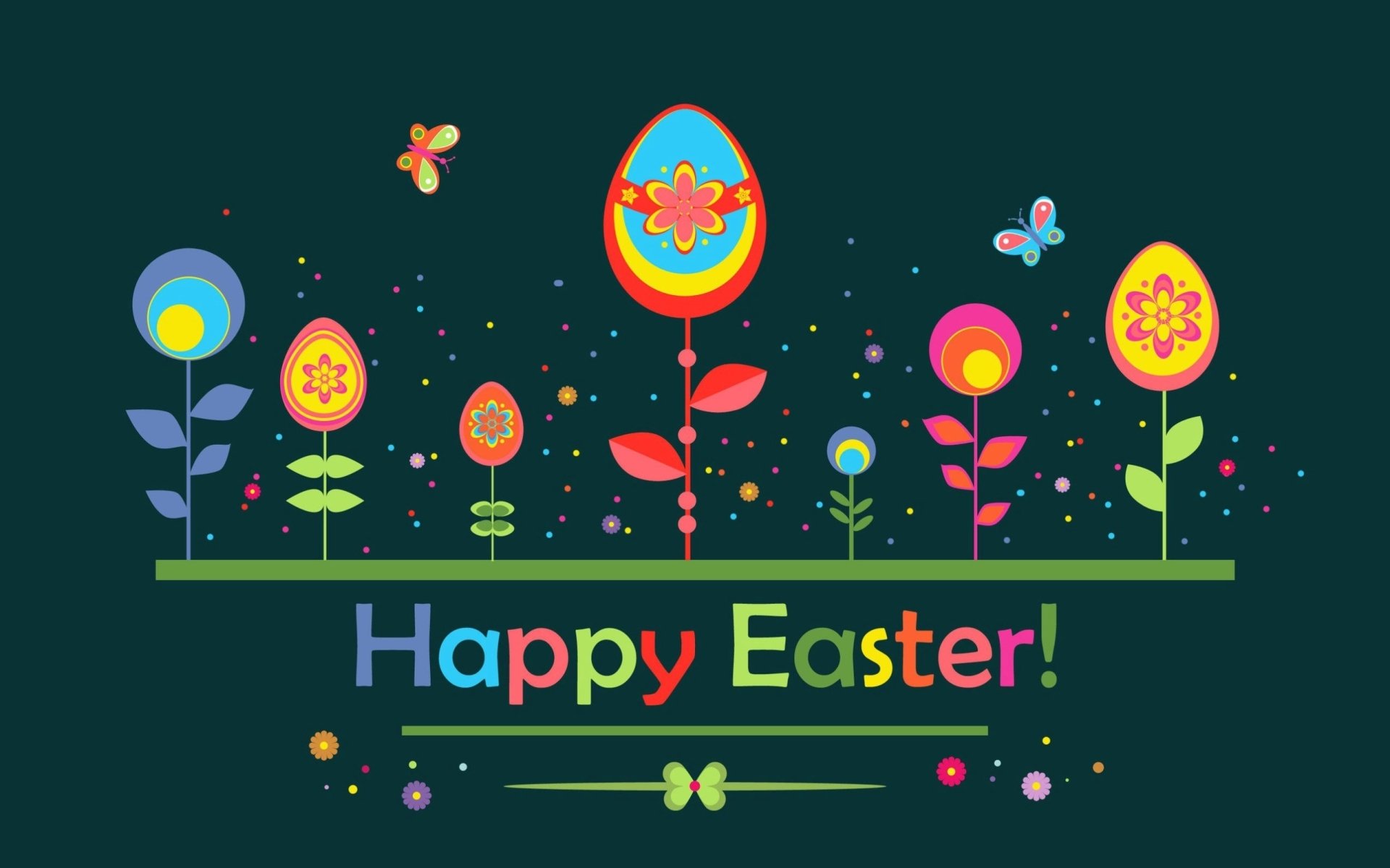 Colorful Easter eggs designed as flowers with butterflies on a dark background, featuring Happy Easter! text in a vibrant HD desktop wallpaper style.