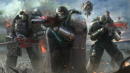 HD PC desktop wallpaper featuring heavily armored warriors from Warhammer 40k, armed and ready for battle in a smoky, war-torn environment.