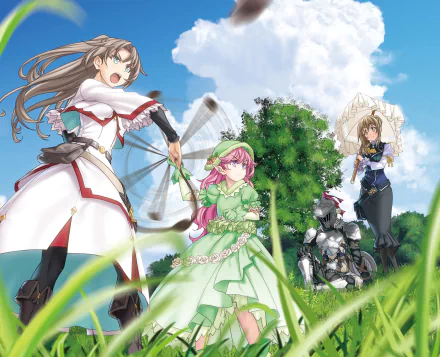 Anime HD desktop wallpaper featuring the Guild Girl from Goblin Slayer with long hair, pink hair, blue eyes, wearing a green dress and armor, standing in a lush outdoor scene.