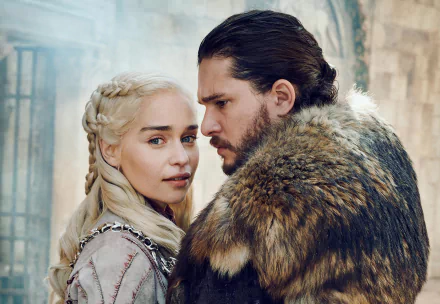 HD desktop wallpaper featuring Kit Harington as Jon Snow and Emilia Clarke as Daenerys Targaryen from the TV show Game of Thrones.