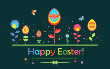 Colorful Easter eggs designed as flowers with butterflies on a dark background, featuring Happy Easter! text in a vibrant HD desktop wallpaper style.
