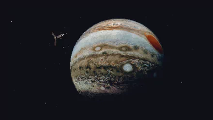 Artistic pixel art of Jupiter in HD, featuring intricate details and vibrant colors, serving as a desktop wallpaper and background.