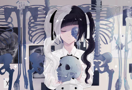 Anime-style HD desktop wallpaper featuring an original character with long two-toned twintails, white and black hair, holding a skull amid skeletal backgrounds.