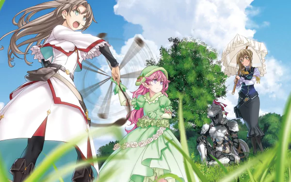 Anime HD desktop wallpaper featuring the Guild Girl from Goblin Slayer with long hair, pink hair, blue eyes, wearing a green dress and armor, standing in a lush outdoor scene.