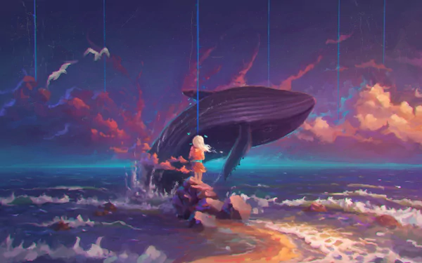 A whimsical HD desktop wallpaper featuring a little girl and a giant whale in a fantasy ocean setting, with dramatic skies and colorful waves.