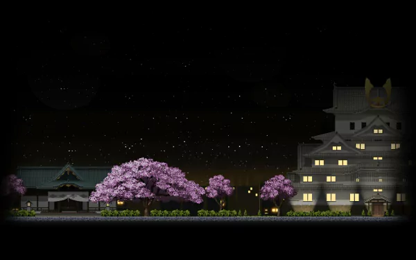 A stunning pixel art HD wallpaper depicting a serene night scene with cherry blossom trees, traditional buildings, and a starry sky.
