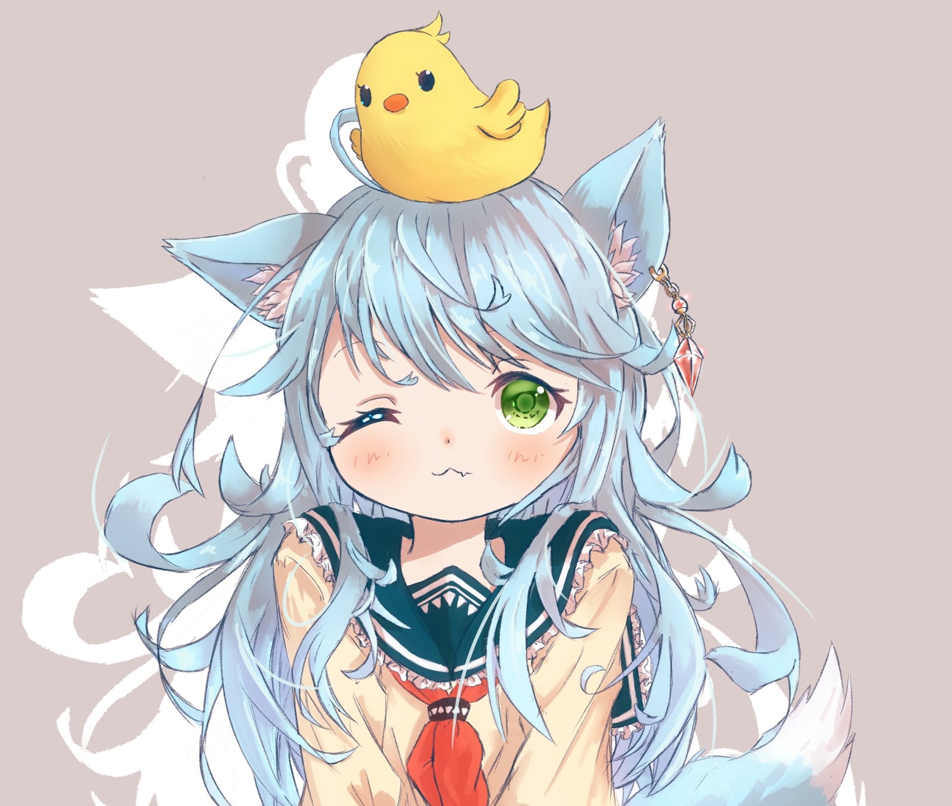 HD anime desktop wallpaper featuring a cute anime girl with long light blue hair, cat ears, and a small yellow bird on her head.