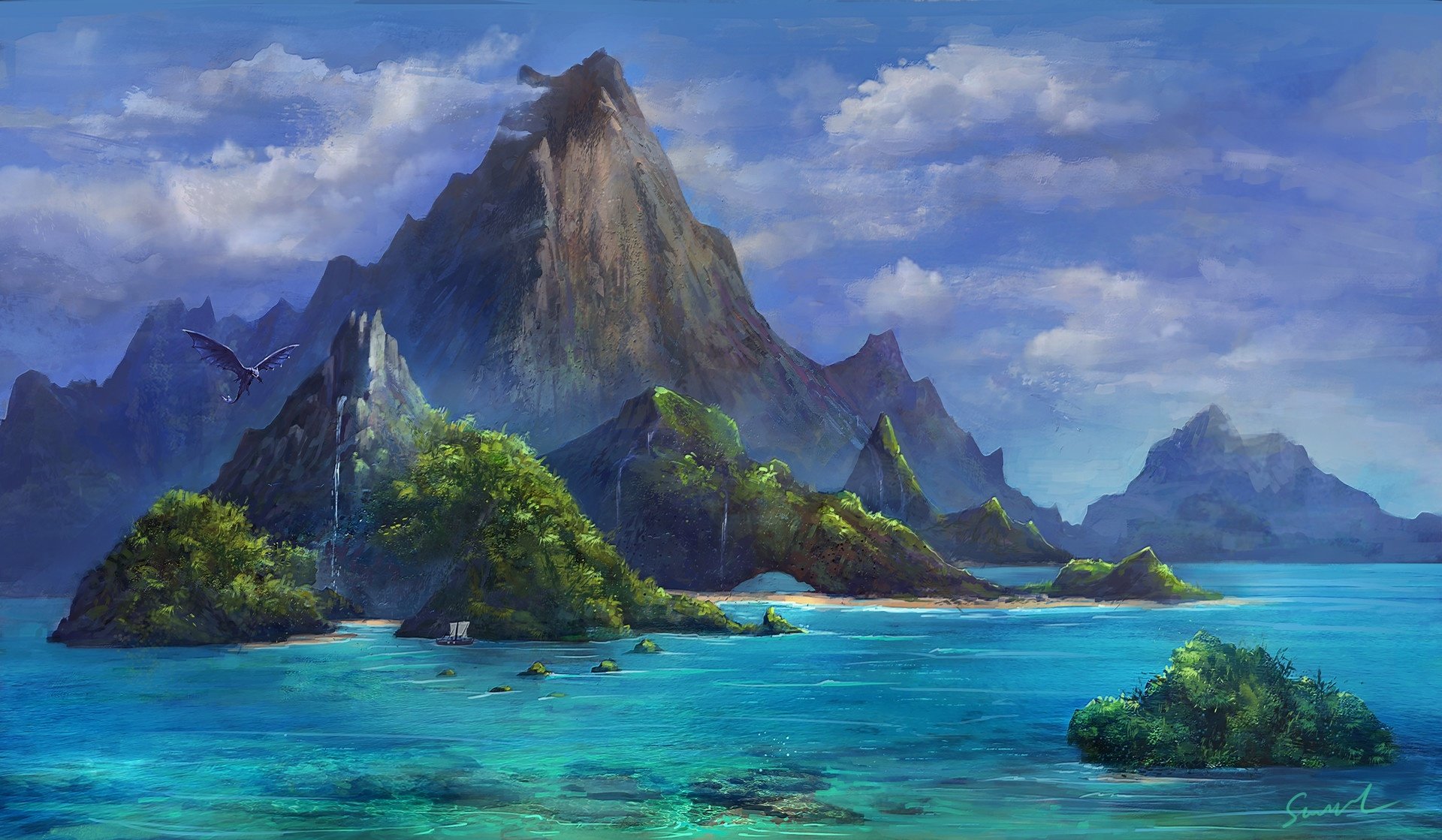 HD PC desktop wallpaper depicting a vibrant fantasy landscape of lush islands surrounded by turquoise waters under a cloudy sky.