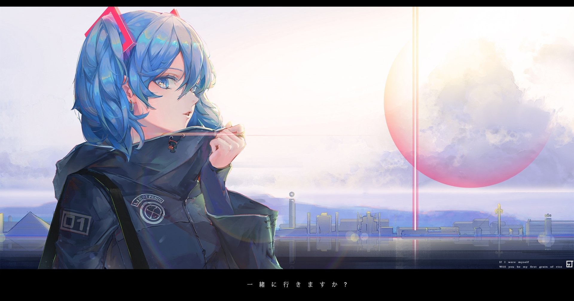 HD anime desktop wallpaper featuring Hatsune Miku with blue hair and eyes, set against a backdrop of a glowing moon and futuristic cityscape.