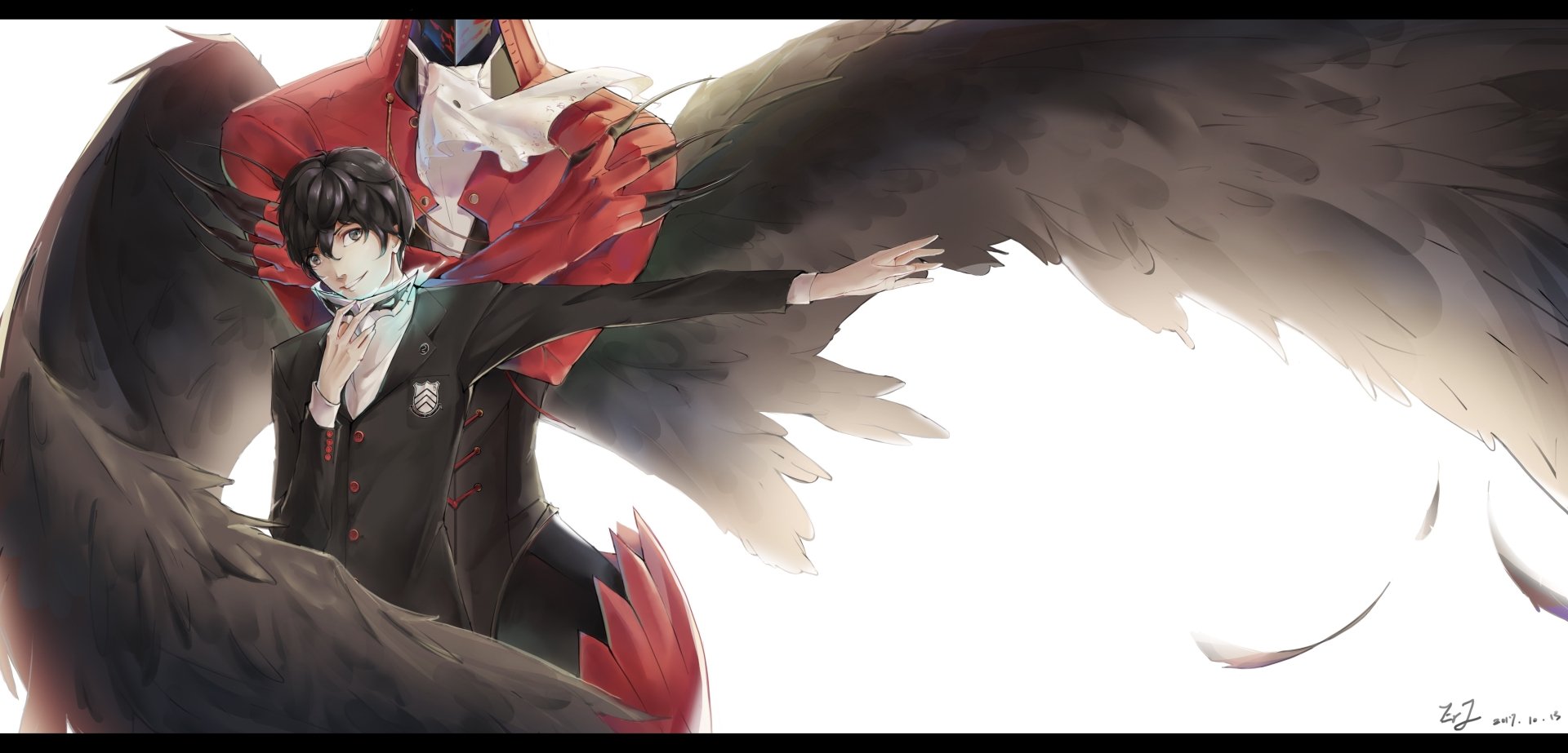 4K Ultra HD anime wallpaper featuring the Protagonist from Persona 5: The Animation with dramatic black wings and a red mask, set against a light background.