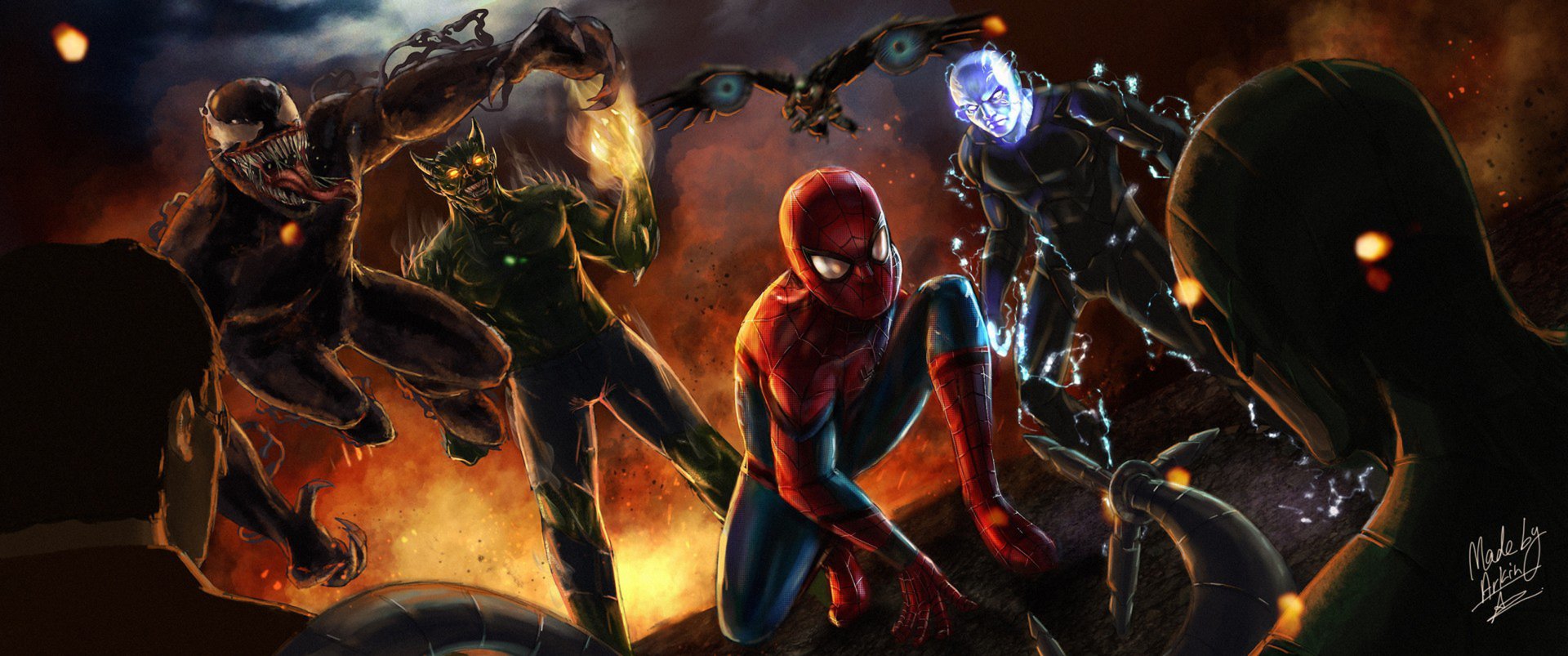 HD PC desktop wallpaper featuring Spider-Man surrounded by iconic Marvel villains Vulture, Green Goblin, Doctor Octopus, Electro, and Venom in a dynamic comic-style scene.