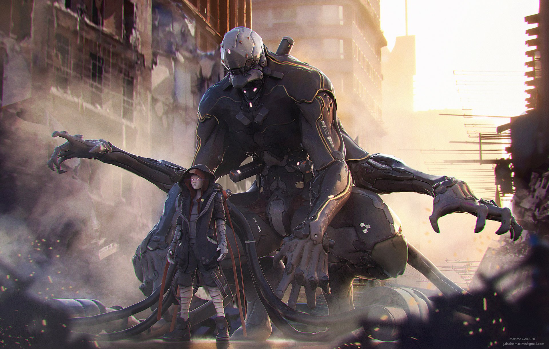 HD PC desktop wallpaper of a towering cyborg sci‑fi creature with mechanical limbs and cables looming over a hooded figure in a ruined, smoky cityscape.