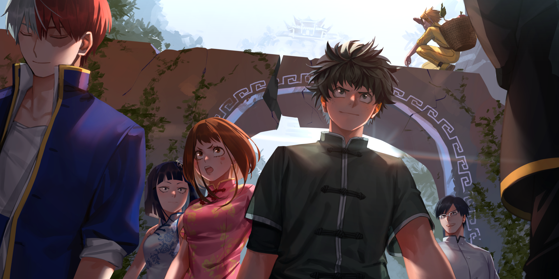 HD wallpaper featuring Kyōka Jirō, Shoto Todoroki, Ochaco Uraraka, Tenya Iida, and Izuku Midoriya from the anime My Hero Academia, standing in front of an ancient, vine-covered archway.