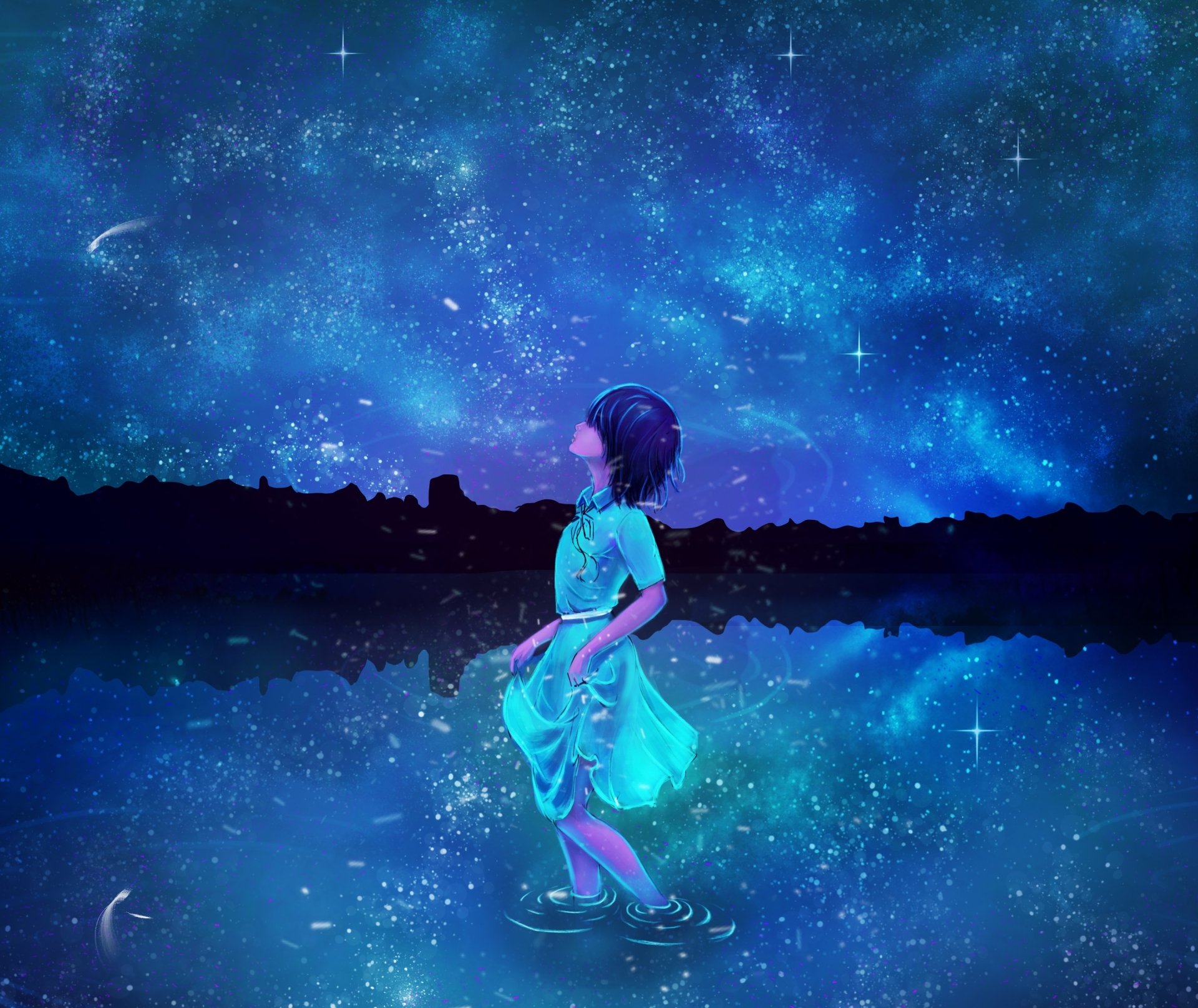 HD anime original wallpaper depicting a girl in a flowing dress standing by a reflective water surface under a vibrant starry night sky.