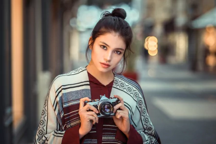 black hair brown eyes depth of field Olympus camera woman model HD Desktop Wallpaper | Background Image