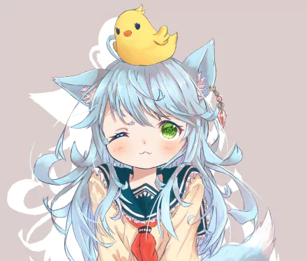 HD anime desktop wallpaper featuring a cute anime girl with long light blue hair, cat ears, and a small yellow bird on her head.