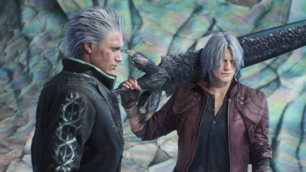 Vergil and Dante from Devil May Cry 5 stand together with intense expressions. This HD wallpaper showcases the dynamic duo in a detailed, high-resolution background, emphasizing their iconic appearances.
