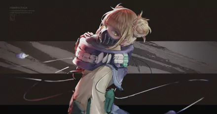 HD PC desktop wallpaper featuring Himiko Toga from the anime My Hero Academia, depicted in a dynamic, dark-toned style with a mask and intense gaze.