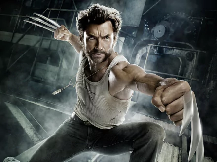 HD PC desktop wallpaper featuring Hugh Jackman as Wolverine from the movie X-Men Origins: Wolverine, showcasing his iconic claws in an action pose.