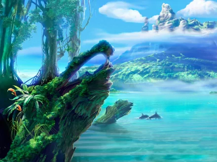 Artistic HD wallpaper featuring a fantasy ocean scene with dolphins swimming, lush green vegetation, and an ethereal landscape in the background.