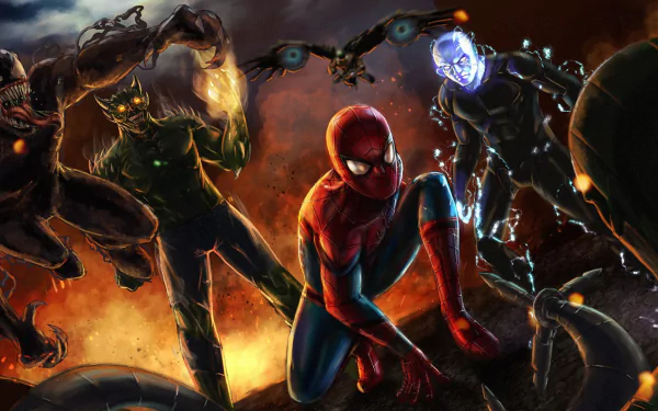 HD PC desktop wallpaper featuring Spider-Man surrounded by iconic Marvel villains Vulture, Green Goblin, Doctor Octopus, Electro, and Venom in a dynamic comic-style scene.