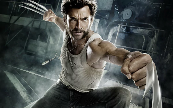 HD PC desktop wallpaper featuring Hugh Jackman as Wolverine from the movie X-Men Origins: Wolverine, showcasing his iconic claws in an action pose.