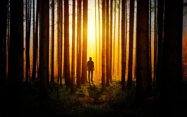 HD PC desktop wallpaper showing the silhouette of a man alone in a forest, bathed in warm golden light filtering through tall trees.