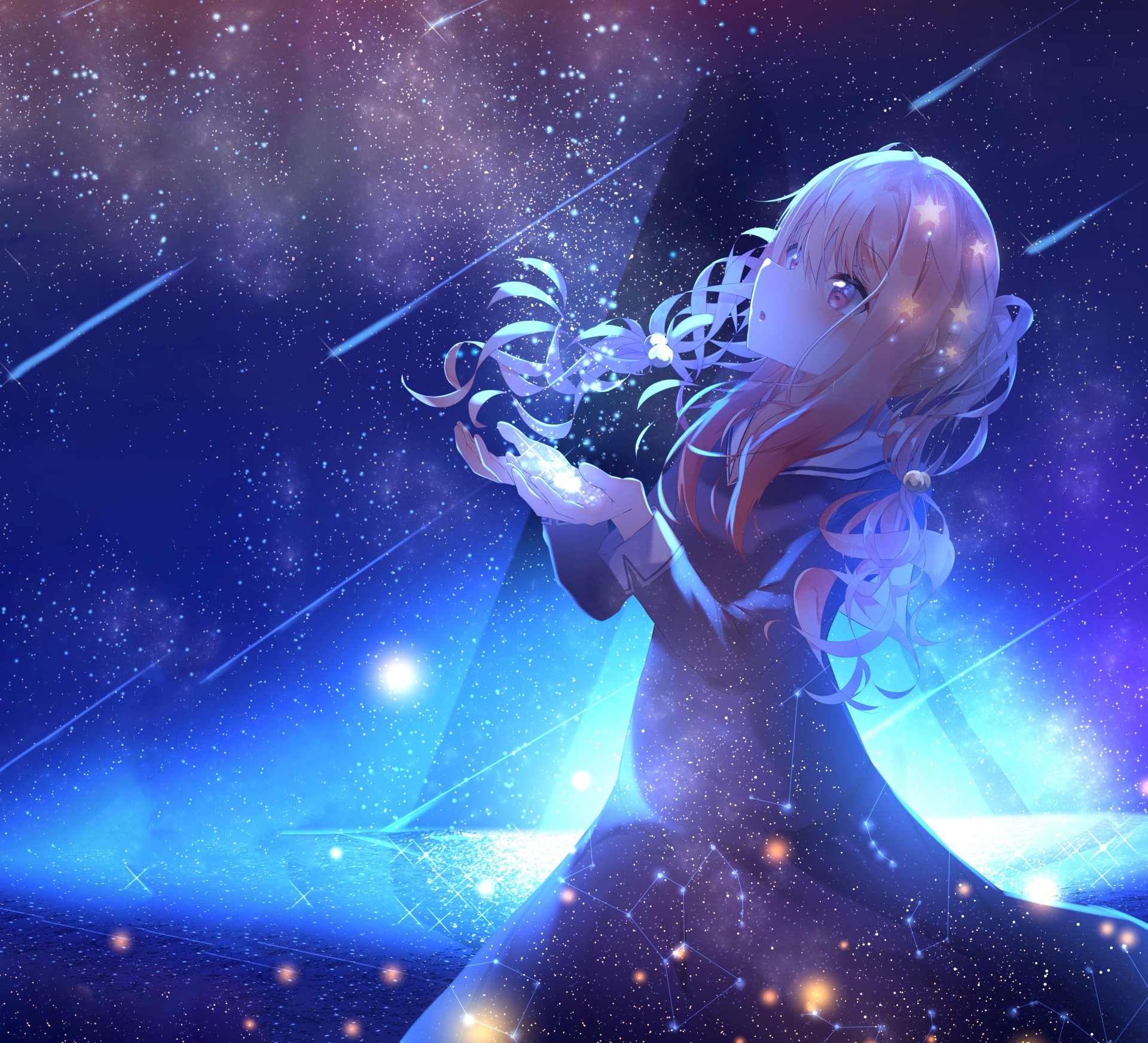 HD desktop wallpaper featuring Saber from the Fate Series and Fate/Grand Order. The anime character stands in a cosmic and ethereal background with glowing effects and falling streaks of light.