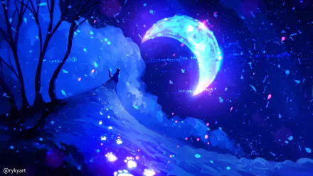 Anime HD desktop wallpaper featuring a cat sitting on a tree branch, gazing at a glowing crescent moon in a starry, blue night sky.