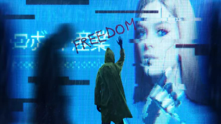 A dystopian cyberpunk scene in HD, featuring a hooded figure spray-painting FREEDOM on a futuristic digital billboard with a female face in a sci-fi cityscape.