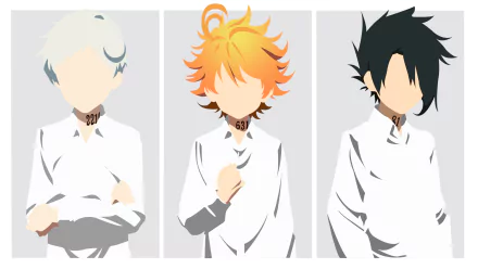 HD desktop wallpaper featuring minimalist artwork of Norman, Emma, and Ray from the anime The Promised Neverland. Each character stands separated by a white divider, wearing their signature white uniforms.