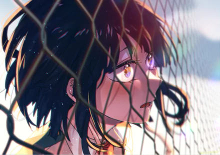 HD anime desktop wallpaper featuring Kyōka Jirō from My Hero Academia, depicted with expressive eyes and shadowed by a chain-link fence.