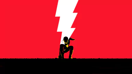Shazam from DC Comics crouches in front of a bold red background with a white lightning bolt, featured in a 4K Ultra HD movie-themed PC desktop wallpaper.