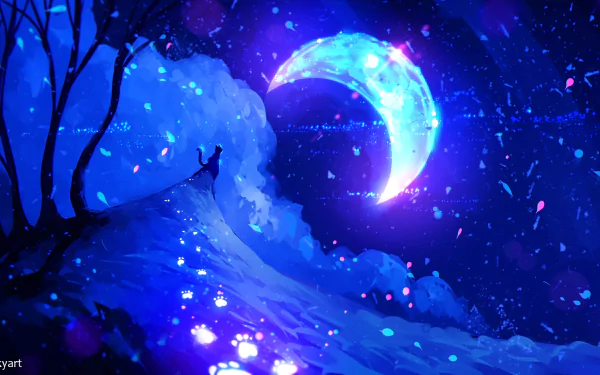 Anime HD desktop wallpaper featuring a cat sitting on a tree branch, gazing at a glowing crescent moon in a starry, blue night sky.