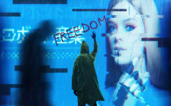 A dystopian cyberpunk scene in HD, featuring a hooded figure spray-painting FREEDOM on a futuristic digital billboard with a female face in a sci-fi cityscape.