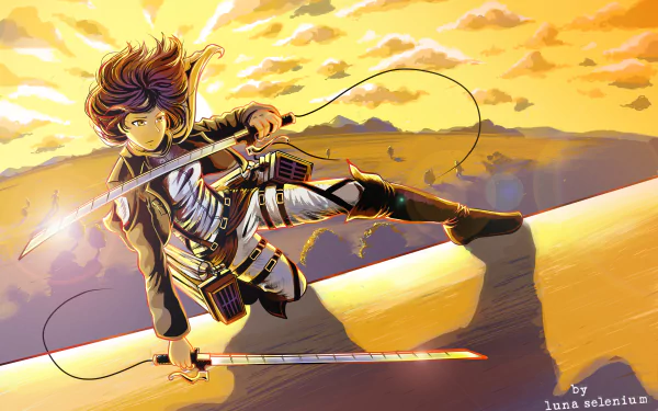 Mikasa Ackerman from Attack on Titan leaps dynamically across a desert landscape at sunset in this vibrant 4K Ultra HD anime desktop wallpaper.