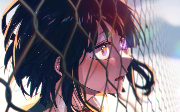 HD anime desktop wallpaper featuring Kyōka Jirō from My Hero Academia, depicted with expressive eyes and shadowed by a chain-link fence.