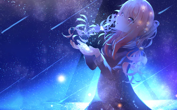 HD desktop wallpaper featuring Saber from the Fate Series and Fate/Grand Order. The anime character stands in a cosmic and ethereal background with glowing effects and falling streaks of light.