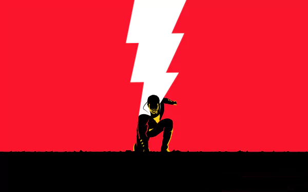 Shazam from DC Comics crouches in front of a bold red background with a white lightning bolt, featured in a 4K Ultra HD movie-themed PC desktop wallpaper.
