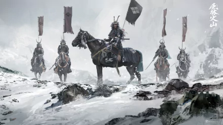 HD fantasy warrior samurai on horseback with banners in a snowy landscape, designed as a striking PC desktop wallpaper and background.