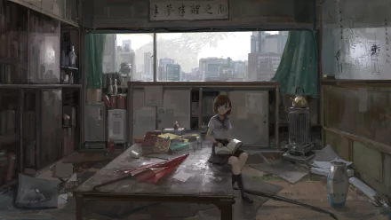 Anime-style HD wallpaper of a city apartment with a girl reading on the floor amidst scattered items. The background features a large window overlooking an urban skyline.