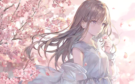 Anime girl with long brown hair surrounded by pink cherry blossoms, capturing a serene spring scene in a high-definition background.