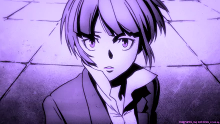 HD anime desktop wallpaper featuring Akane Tsunemori from Psycho-Pass, highlighted in a purple-toned, intense close-up shot.