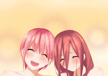 HD anime desktop wallpaper featuring Miku Nakano and Ichika Nakano from The Quintessential Quintuplets smiling against a soft, warm-toned background.