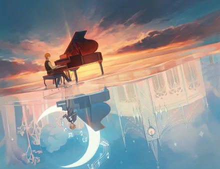 Anime-style 4K Ultra HD wallpaper of a blonde with short hair playing piano at sunset, moon above, with a reflective, ethereal backdrop of clock towers and sky.