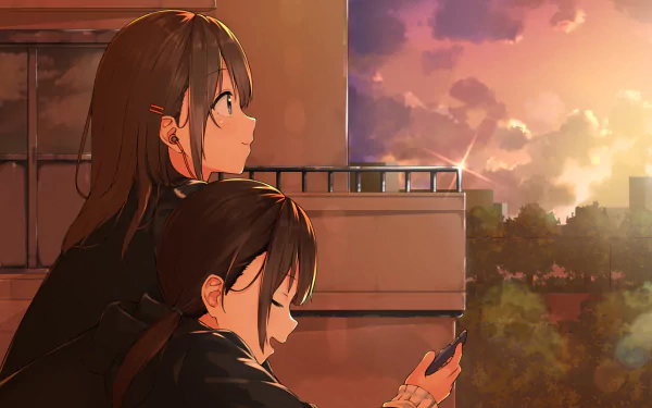 Anime-style original HD desktop wallpaper featuring two schoolgirls on a balcony at sunset, capturing a peaceful and reflective moment.