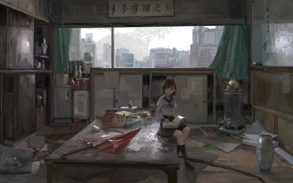 Anime-style HD wallpaper of a city apartment with a girl reading on the floor amidst scattered items. The background features a large window overlooking an urban skyline.